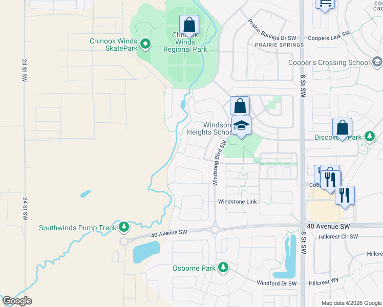 map of restaurants, bars, coffee shops, grocery stores, and more near 154 Windridge Road Southwest in Airdrie