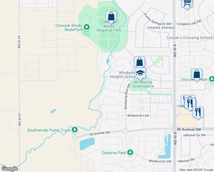 map of restaurants, bars, coffee shops, grocery stores, and more near 154 Windridge Road Southwest in Airdrie