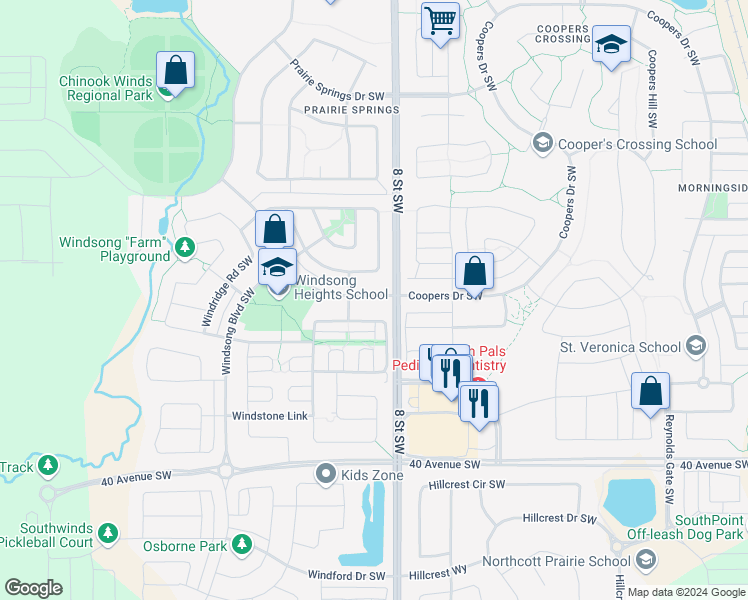 map of restaurants, bars, coffee shops, grocery stores, and more near 892 Windsong Drive Southwest in Airdrie