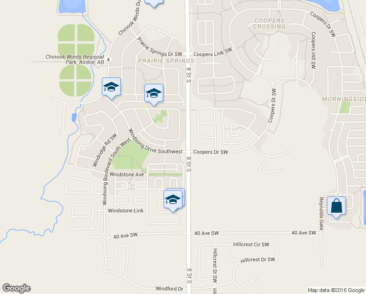 map of restaurants, bars, coffee shops, grocery stores, and more near 892 Windsong Drive Southwest in Airdrie