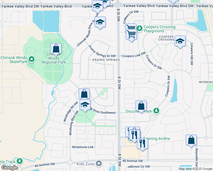 map of restaurants, bars, coffee shops, grocery stores, and more near 1104 Windhaven Close Southwest in Airdrie
