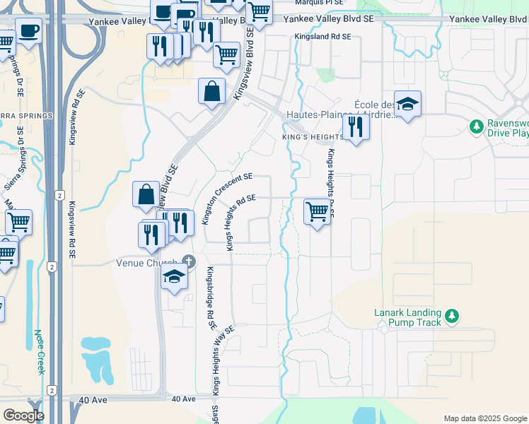 map of restaurants, bars, coffee shops, grocery stores, and more near 7 Kingston View Southeast in Airdrie