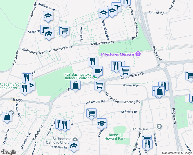 map of restaurants, bars, coffee shops, grocery stores, and more near Euskirchen Way in Hampshire