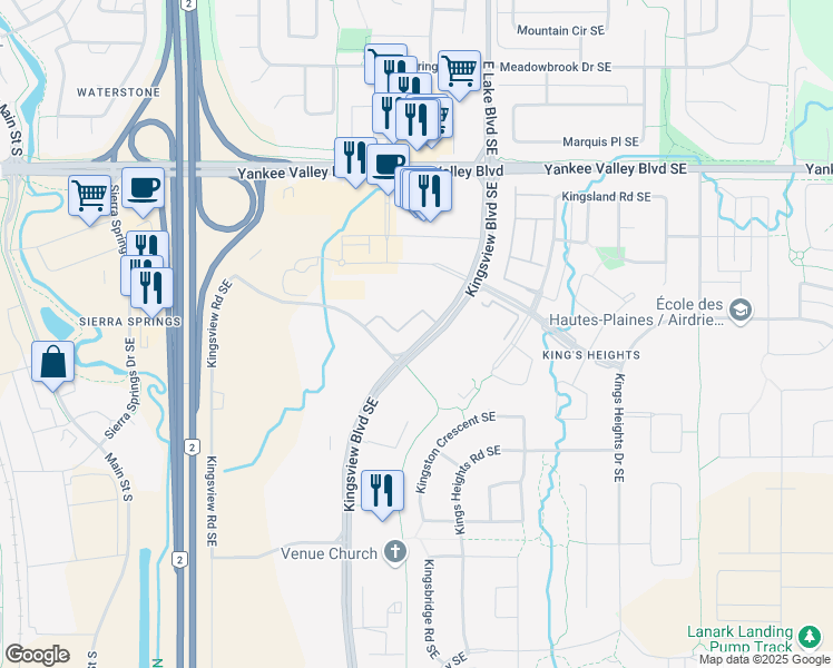 map of restaurants, bars, coffee shops, grocery stores, and more near 6 Kingsview Road Southeast in Airdrie