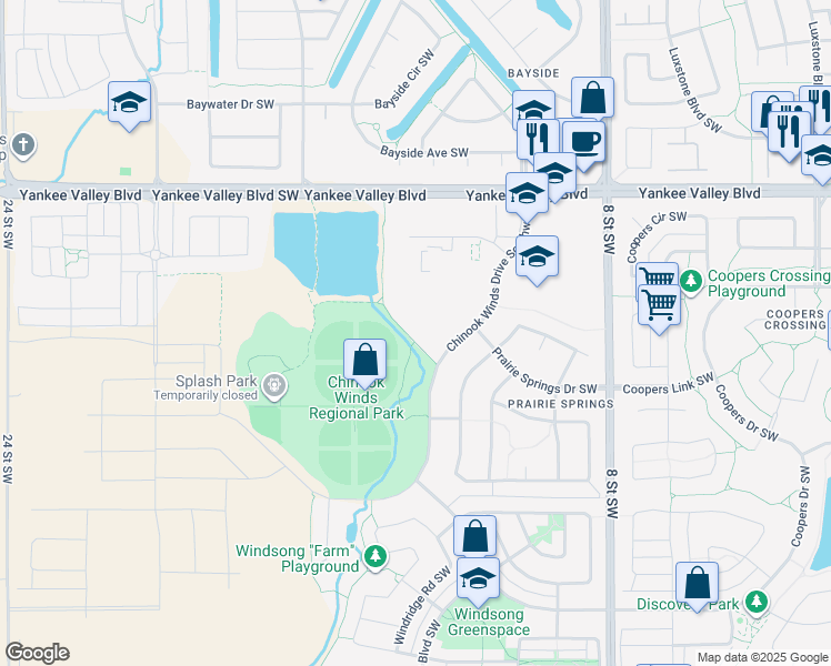 map of restaurants, bars, coffee shops, grocery stores, and more near 2781 Chinook Winds Drive Southwest in Airdrie
