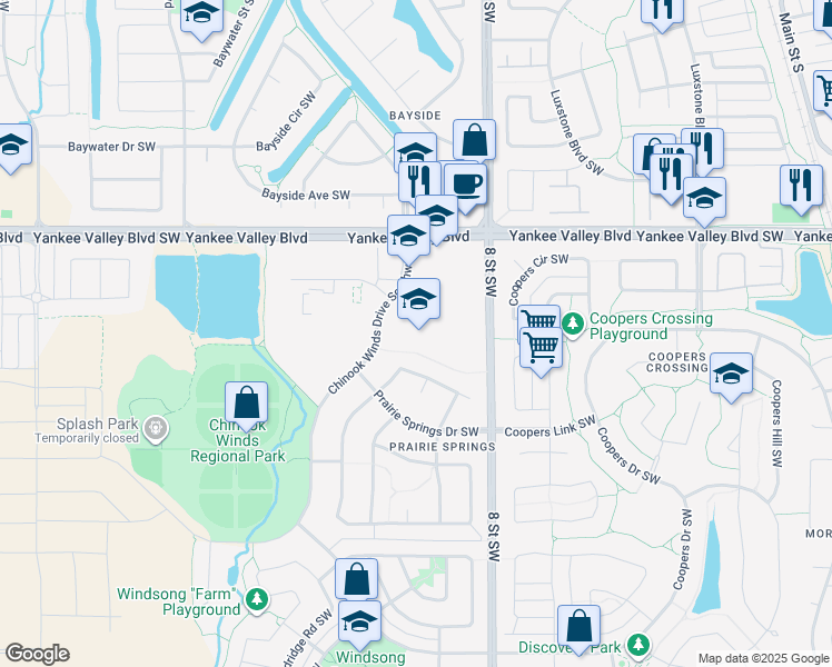 map of restaurants, bars, coffee shops, grocery stores, and more near 2654 Chinook Winds Drive Southwest in Airdrie
