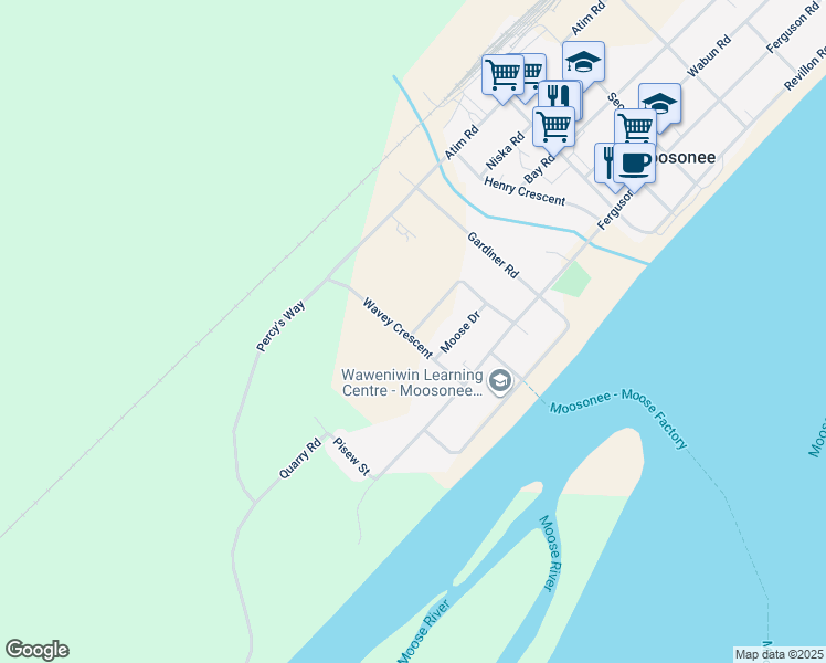 map of restaurants, bars, coffee shops, grocery stores, and more near Wavey Crescent in Moosonee