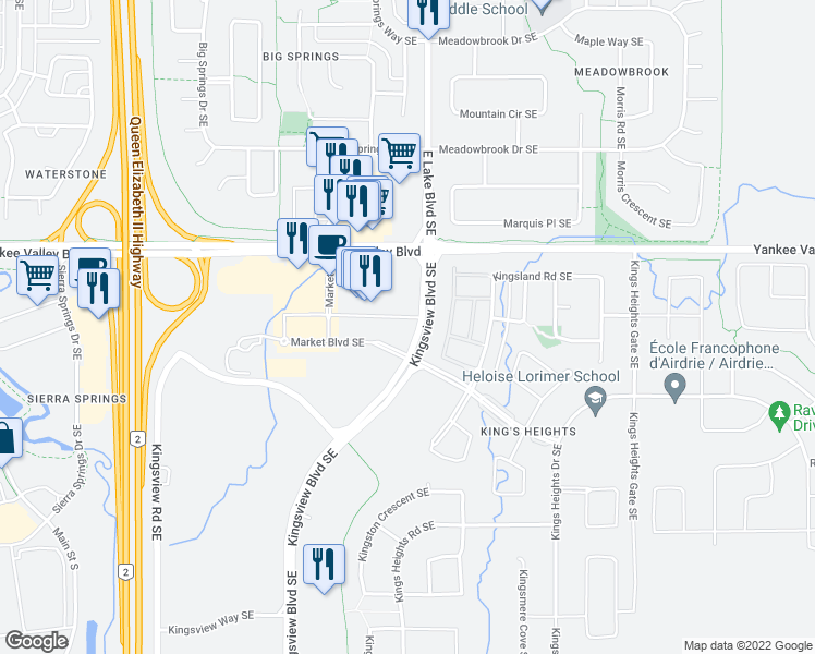 map of restaurants, bars, coffee shops, grocery stores, and more near 10 Market Boulevard Southwest in Airdrie