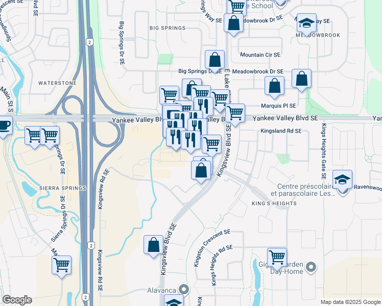 map of restaurants, bars, coffee shops, grocery stores, and more near Kingsview Road Southeast in Airdrie