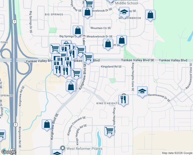 map of restaurants, bars, coffee shops, grocery stores, and more near 2445 Kingsland Road Southeast in Airdrie