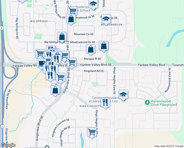 map of restaurants, bars, coffee shops, grocery stores, and more near 10 Kingsland Way Southeast in Airdrie