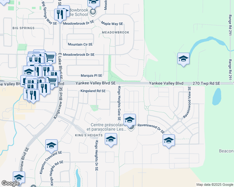 map of restaurants, bars, coffee shops, grocery stores, and more near 2500 Kings Heights Gate Southeast in Airdrie