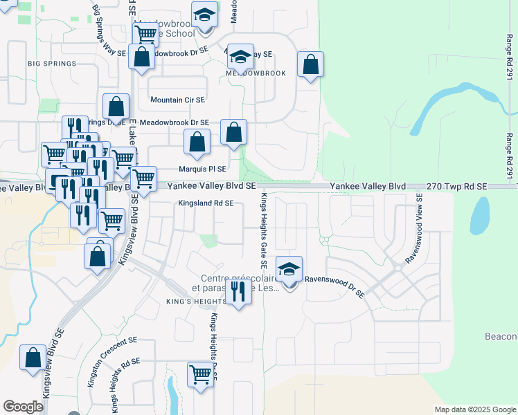 map of restaurants, bars, coffee shops, grocery stores, and more near 2500 Kings Heights Gate Southeast in Airdrie