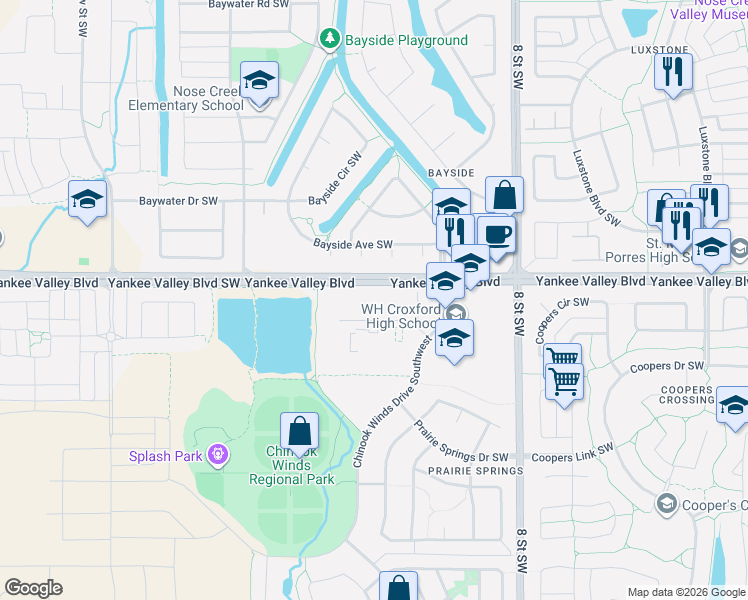 map of restaurants, bars, coffee shops, grocery stores, and more near 100 Chinook Winds Place Southwest in Airdrie