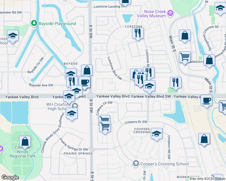 map of restaurants, bars, coffee shops, grocery stores, and more near 828 Luxstone Square Southwest in Airdrie