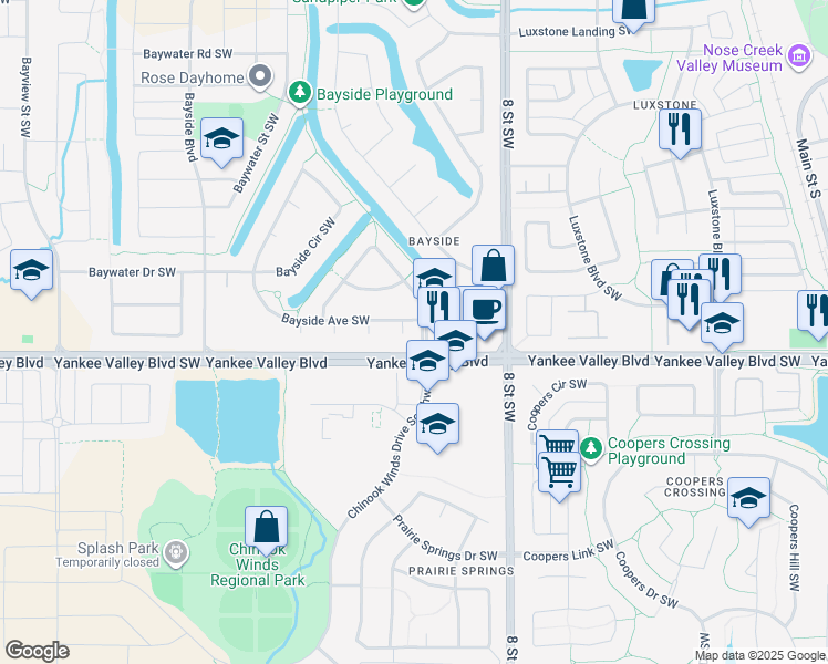 map of restaurants, bars, coffee shops, grocery stores, and more near 109 400 Bayside Place Southwest in Airdrie