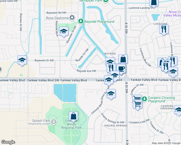 map of restaurants, bars, coffee shops, grocery stores, and more near 305 Bayside Place Southwest in Airdrie