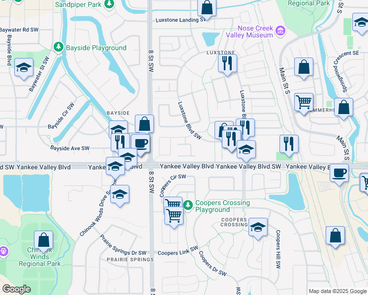 map of restaurants, bars, coffee shops, grocery stores, and more near 828 Luxstone Square Southwest in Airdrie