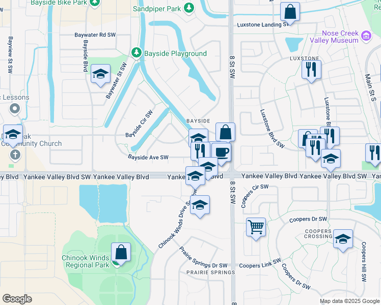 map of restaurants, bars, coffee shops, grocery stores, and more near 109 400 Bayside Place Southwest in Airdrie