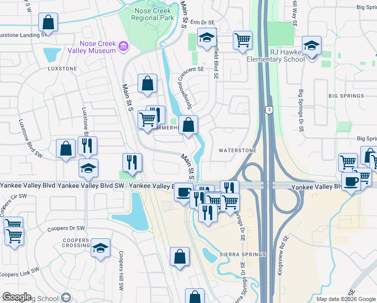 map of restaurants, bars, coffee shops, grocery stores, and more near 63 Summerfield Road Southeast in Airdrie