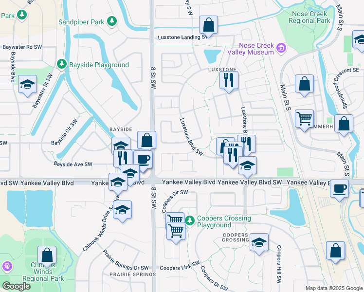 map of restaurants, bars, coffee shops, grocery stores, and more near 102 Luxstone Road Southwest in Airdrie