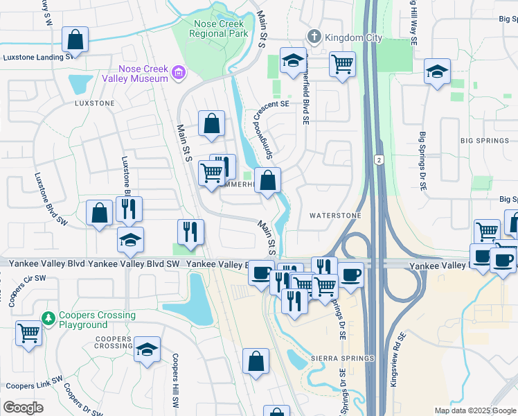 map of restaurants, bars, coffee shops, grocery stores, and more near 63 Summerfield Road Southeast in Airdrie