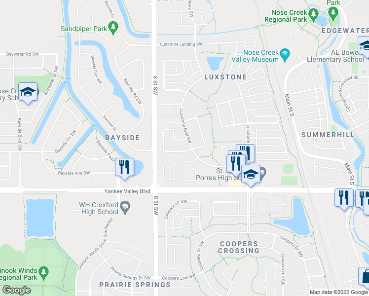 map of restaurants, bars, coffee shops, grocery stores, and more near 102 Luxstone Road Southwest in Airdrie