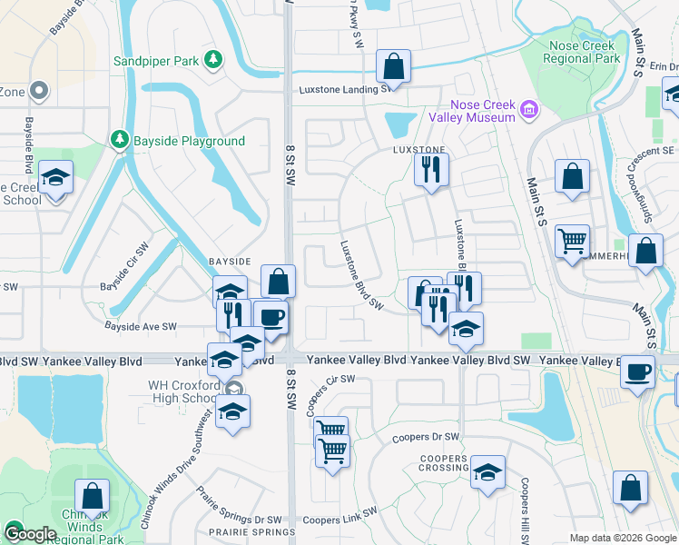 map of restaurants, bars, coffee shops, grocery stores, and more near 102 Luxstone Road Southwest in Airdrie