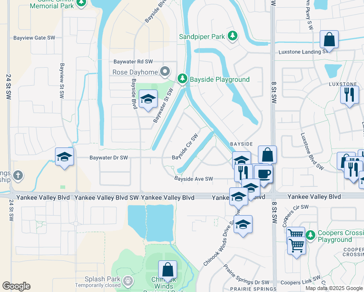 map of restaurants, bars, coffee shops, grocery stores, and more near 2244 Bayside Circle Southwest in Airdrie