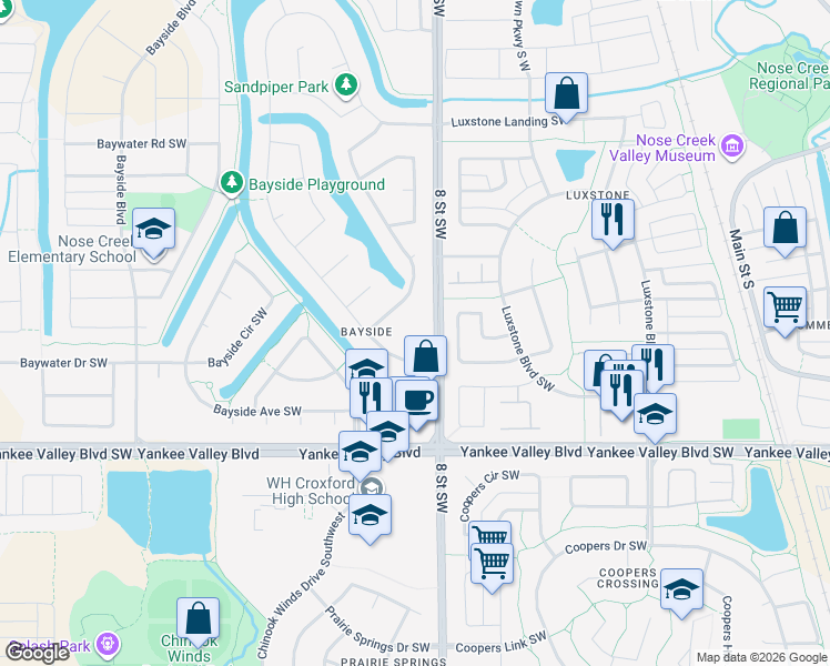map of restaurants, bars, coffee shops, grocery stores, and more near in Airdrie