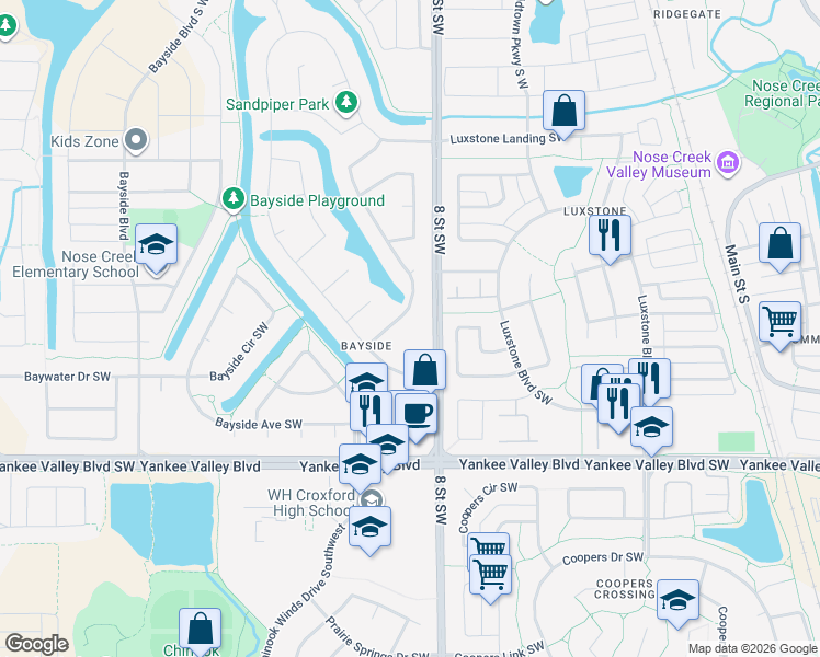 map of restaurants, bars, coffee shops, grocery stores, and more near 2370 Bayside Road Southwest in Airdrie