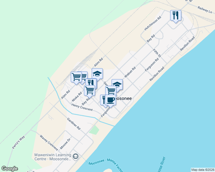 map of restaurants, bars, coffee shops, grocery stores, and more near 7 Second Street in Moosonee