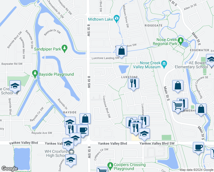 map of restaurants, bars, coffee shops, grocery stores, and more near 2055 Luxstone Boulevard Southwest in Airdrie