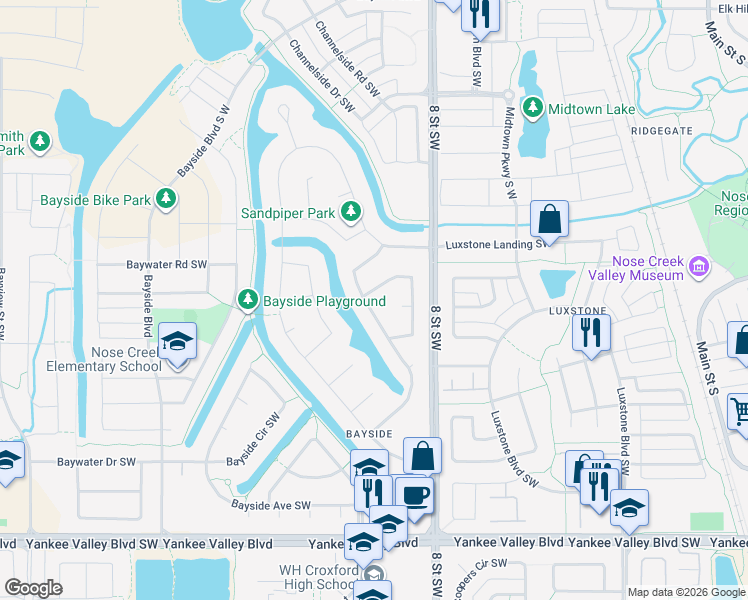 map of restaurants, bars, coffee shops, grocery stores, and more near 221 Bayside Loop Southwest in Airdrie