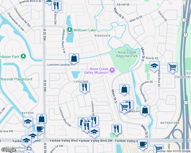 map of restaurants, bars, coffee shops, grocery stores, and more near 551 Luxstone Place Southwest in Airdrie