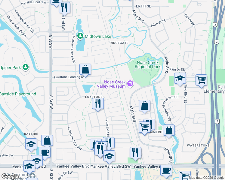 map of restaurants, bars, coffee shops, grocery stores, and more near 551 Luxstone Place Southwest in Airdrie