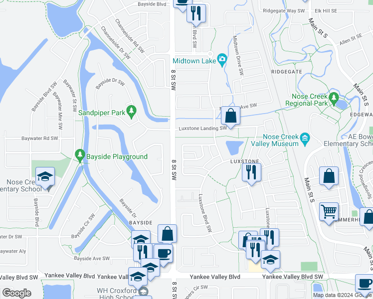 map of restaurants, bars, coffee shops, grocery stores, and more near 282 Luxstone Way Southwest in Airdrie