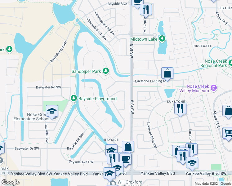 map of restaurants, bars, coffee shops, grocery stores, and more near 221 Bayside Loop Southwest in Airdrie