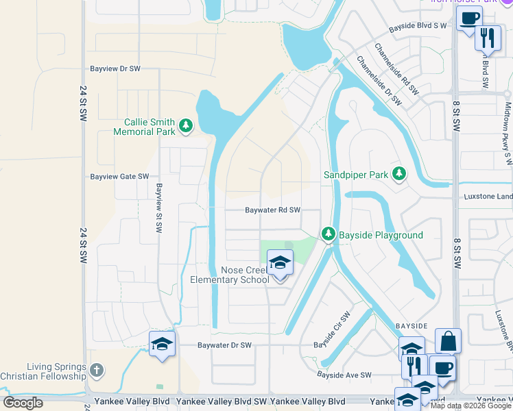 map of restaurants, bars, coffee shops, grocery stores, and more near 1724 Baywater Road Southwest in Airdrie