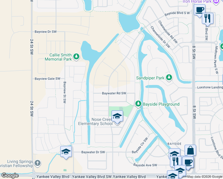 map of restaurants, bars, coffee shops, grocery stores, and more near 1724 Baywater Road Southwest in Airdrie