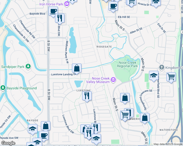 map of restaurants, bars, coffee shops, grocery stores, and more near 628 Luxstone Landing Southwest in Airdrie