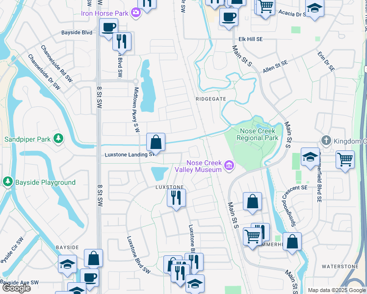 map of restaurants, bars, coffee shops, grocery stores, and more near 628 Luxstone Landing Southwest in Airdrie