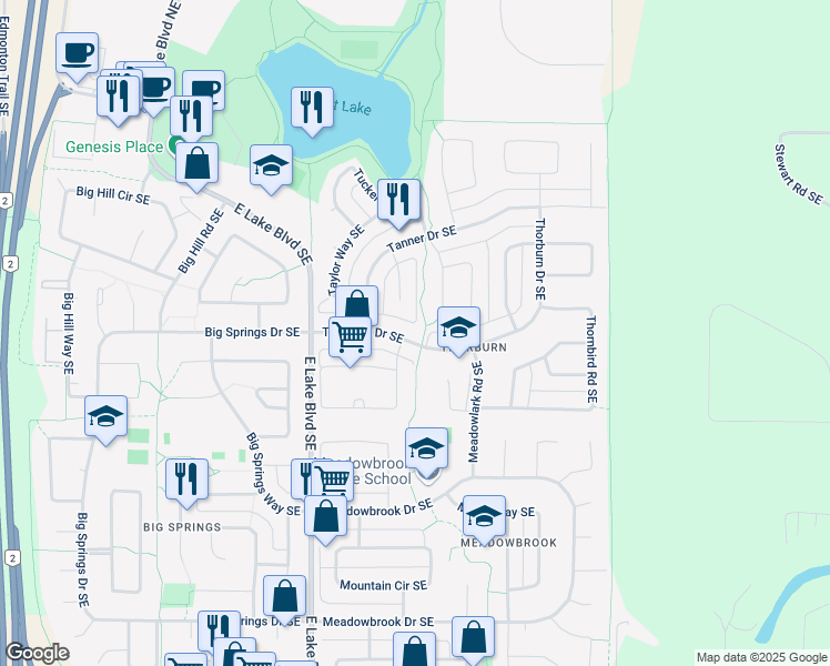 map of restaurants, bars, coffee shops, grocery stores, and more near 1236 Thorburn Drive Southeast in Airdrie