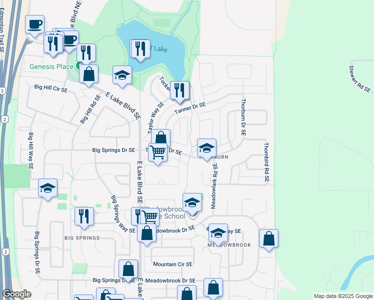 map of restaurants, bars, coffee shops, grocery stores, and more near 1236 Thorburn Drive Southeast in Airdrie