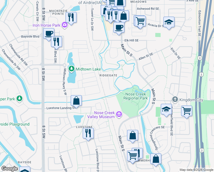 map of restaurants, bars, coffee shops, grocery stores, and more near 64 Rundle Place Southwest in Airdrie
