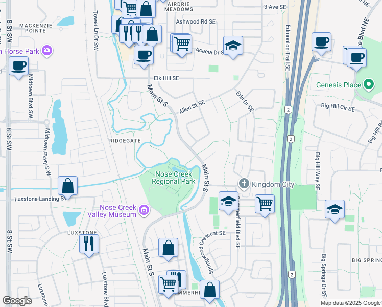 map of restaurants, bars, coffee shops, grocery stores, and more near 1305 Main Street South in Airdrie