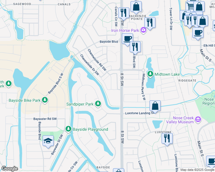 map of restaurants, bars, coffee shops, grocery stores, and more near 535 Canals Crossing Southwest in Airdrie