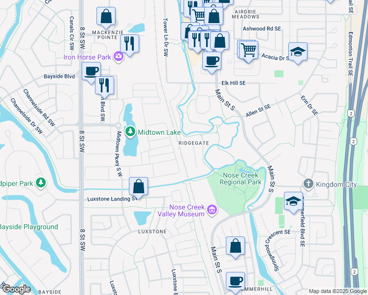 map of restaurants, bars, coffee shops, grocery stores, and more near 103 Ridgebrook Drive Southwest in Airdrie