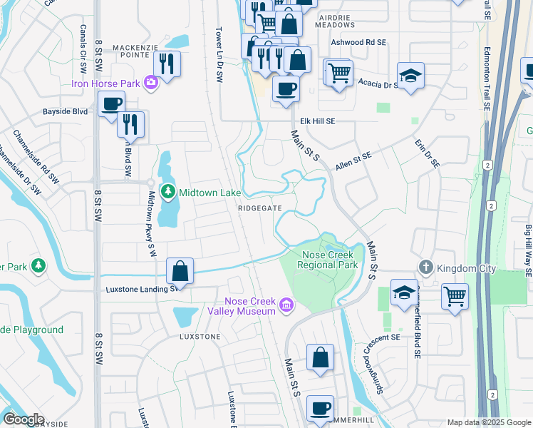 map of restaurants, bars, coffee shops, grocery stores, and more near 122 Ridgebrook Drive Southwest in Airdrie