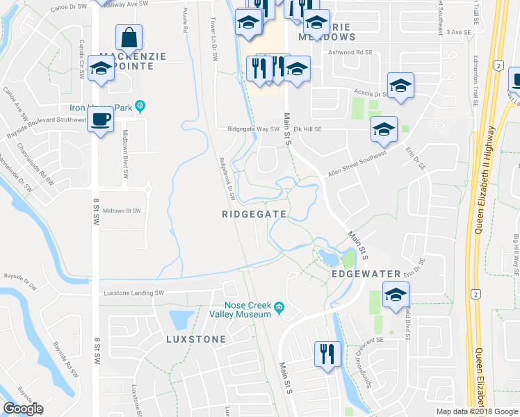 map of restaurants, bars, coffee shops, grocery stores, and more near 122 Ridgebrook Drive Southwest in Airdrie